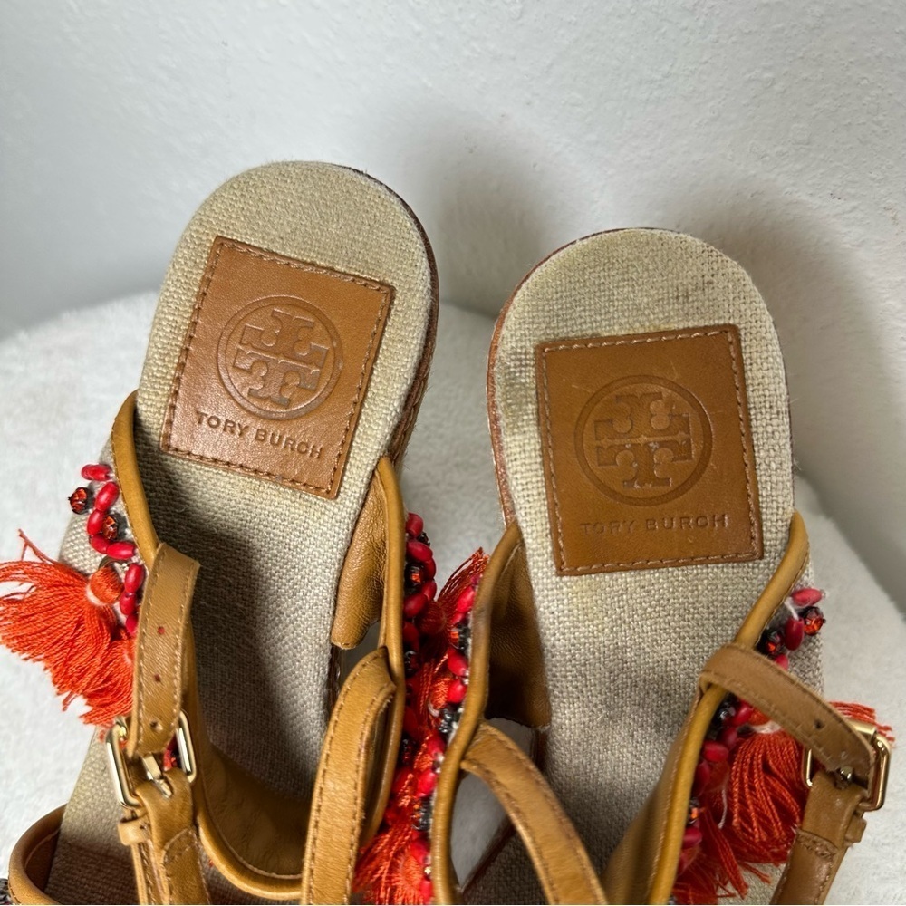 Tory Burch Women's 7M Vibrant Orange and Tan Espadrille Wedges Sandals Boho - Picture 12 of 15